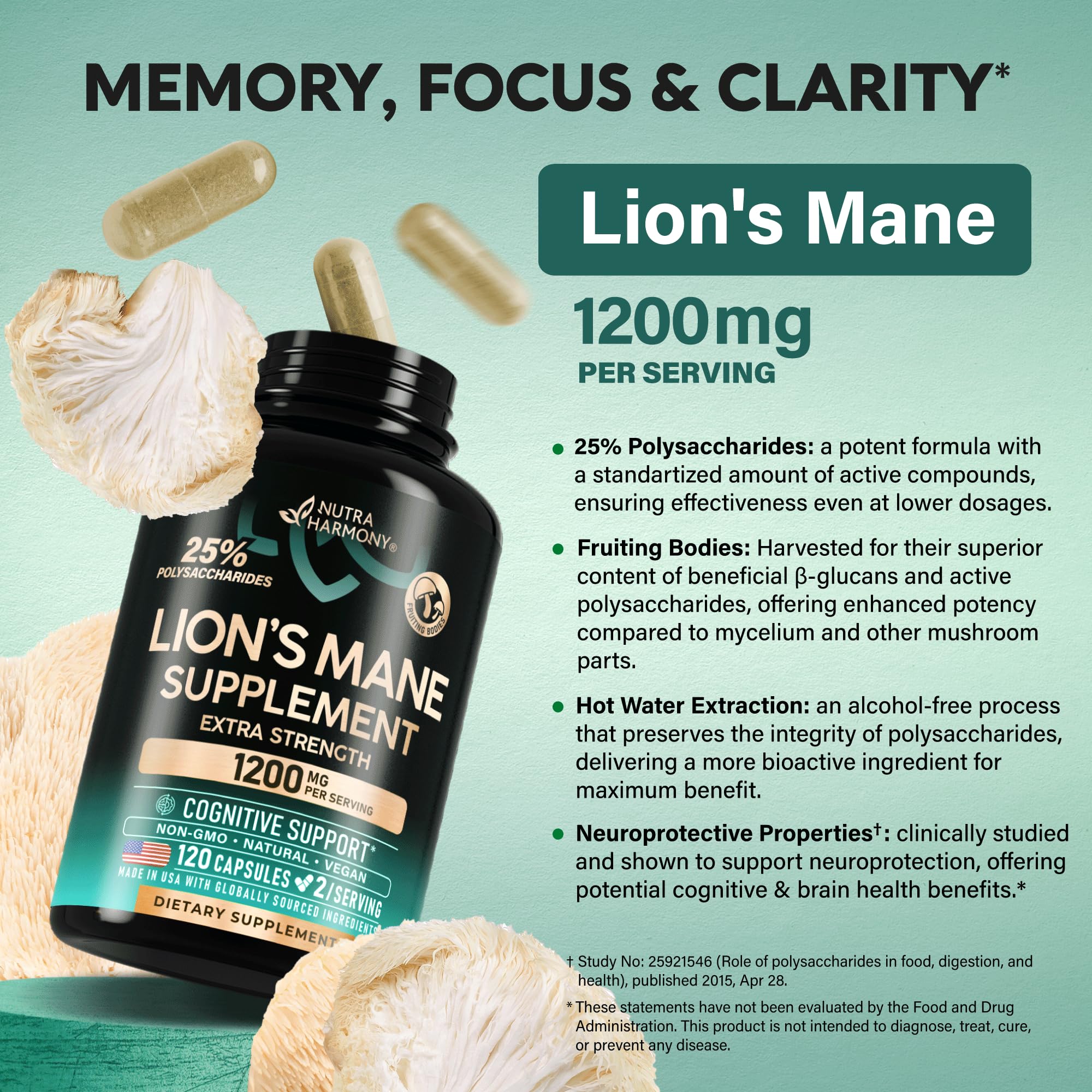 NutraHarmony Lions Mane 1200mg capsule – emphasis on potent dose for focus