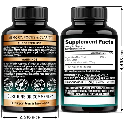 NutraHarmony Lions Mane bottle label – clear branding and dosage information