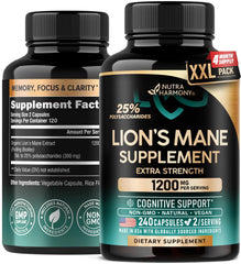 NUTRAHARMONY Lions Mane capsules 1200 mg bottle for brain support.