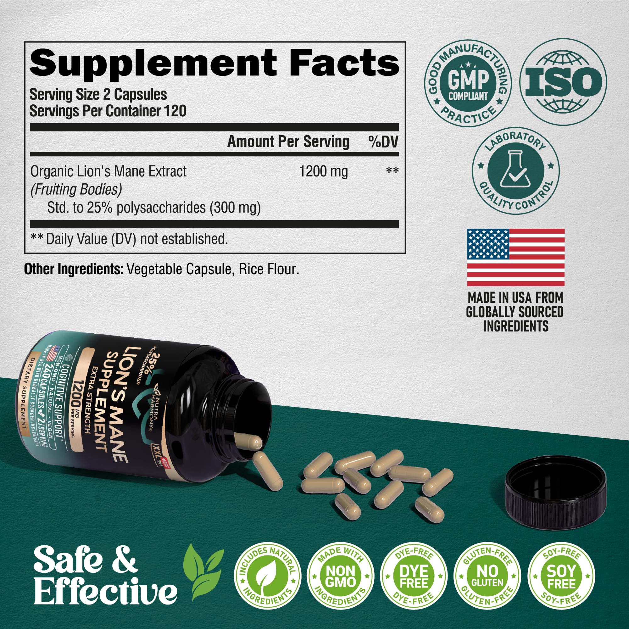 NUTRAHARMONY Lions Mane capsules on shelf ready for daily cognitive support.