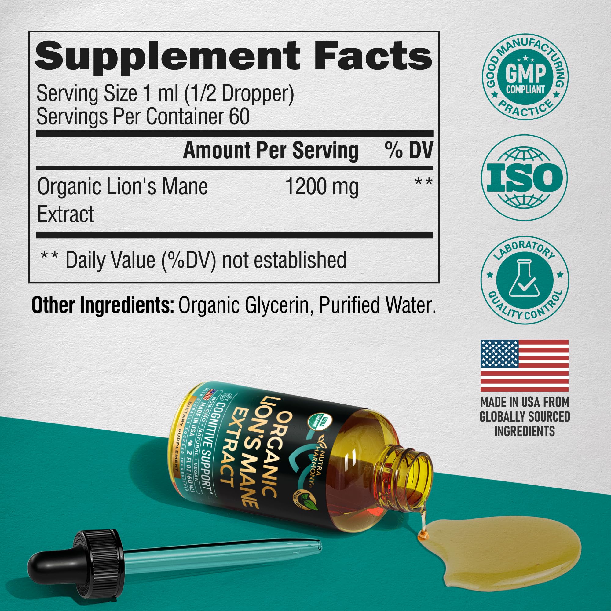 NutraHarmony Lions Mane dropper releasing liquid for precise dosing.