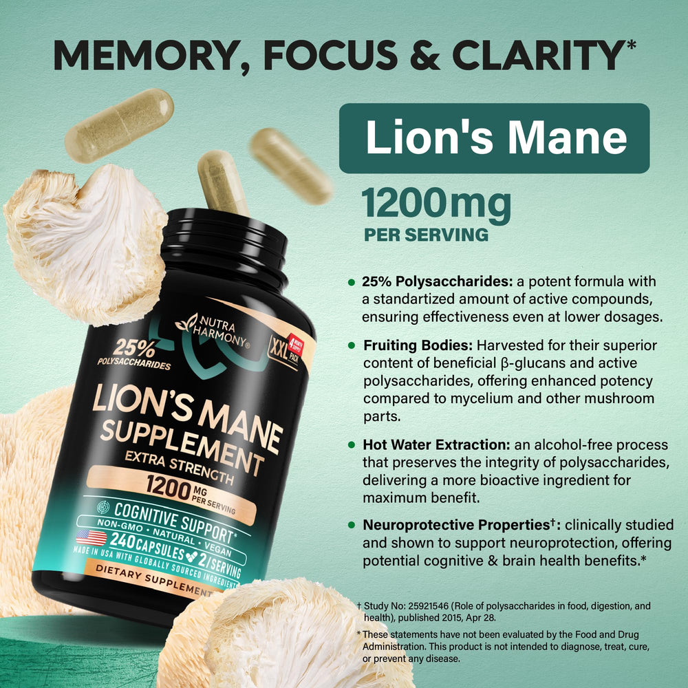 NUTRAHARMONY Lions Mane fruiting body extract—rich beta-glucans and polysaccharides.