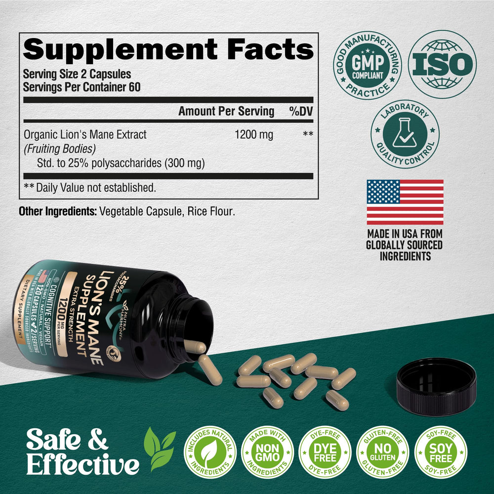 NutraHarmony Lions Mane fruiting body – texture and natural origin emphasis