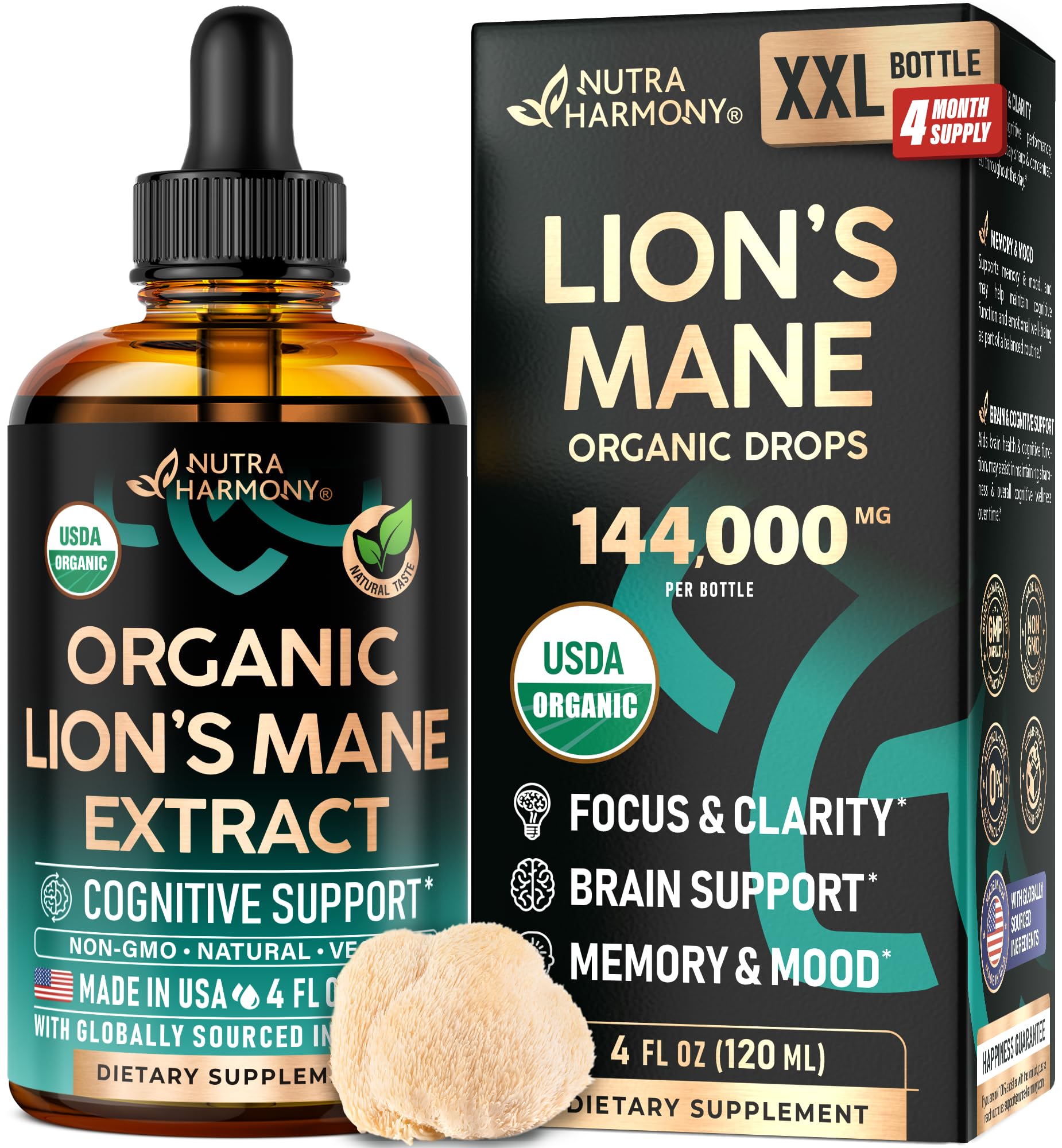 NutraHarmony Lion's Mane liquid bottle ready for daily cognitive support.