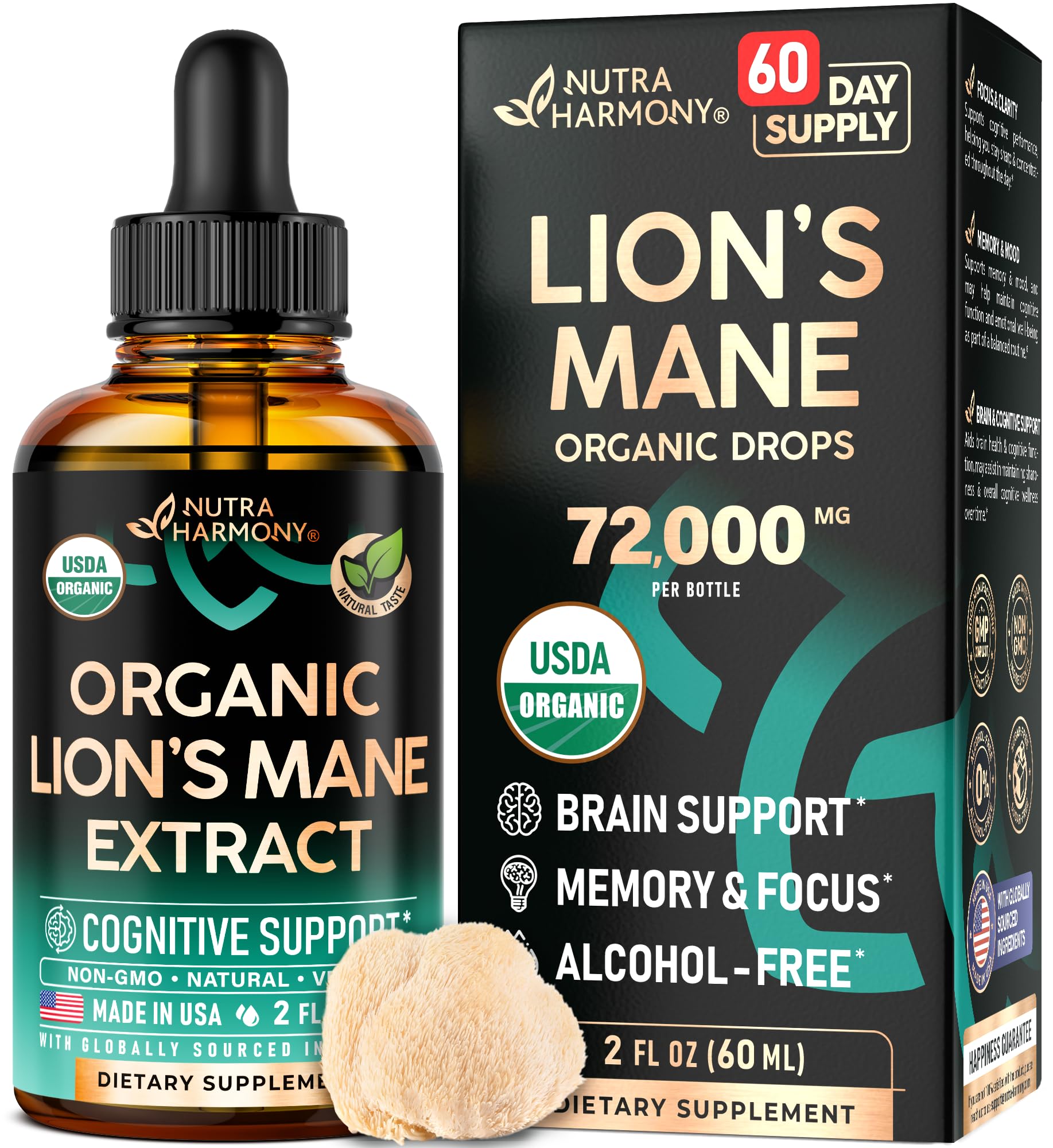 NutraHarmony Lions Mane Liquid bottle for natural cognitive support and daily focus.