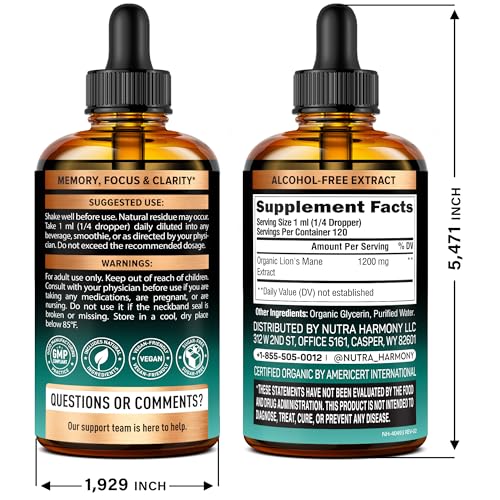 NutraHarmony Lion's Mane dropper showing easy dosing for focus and memory.