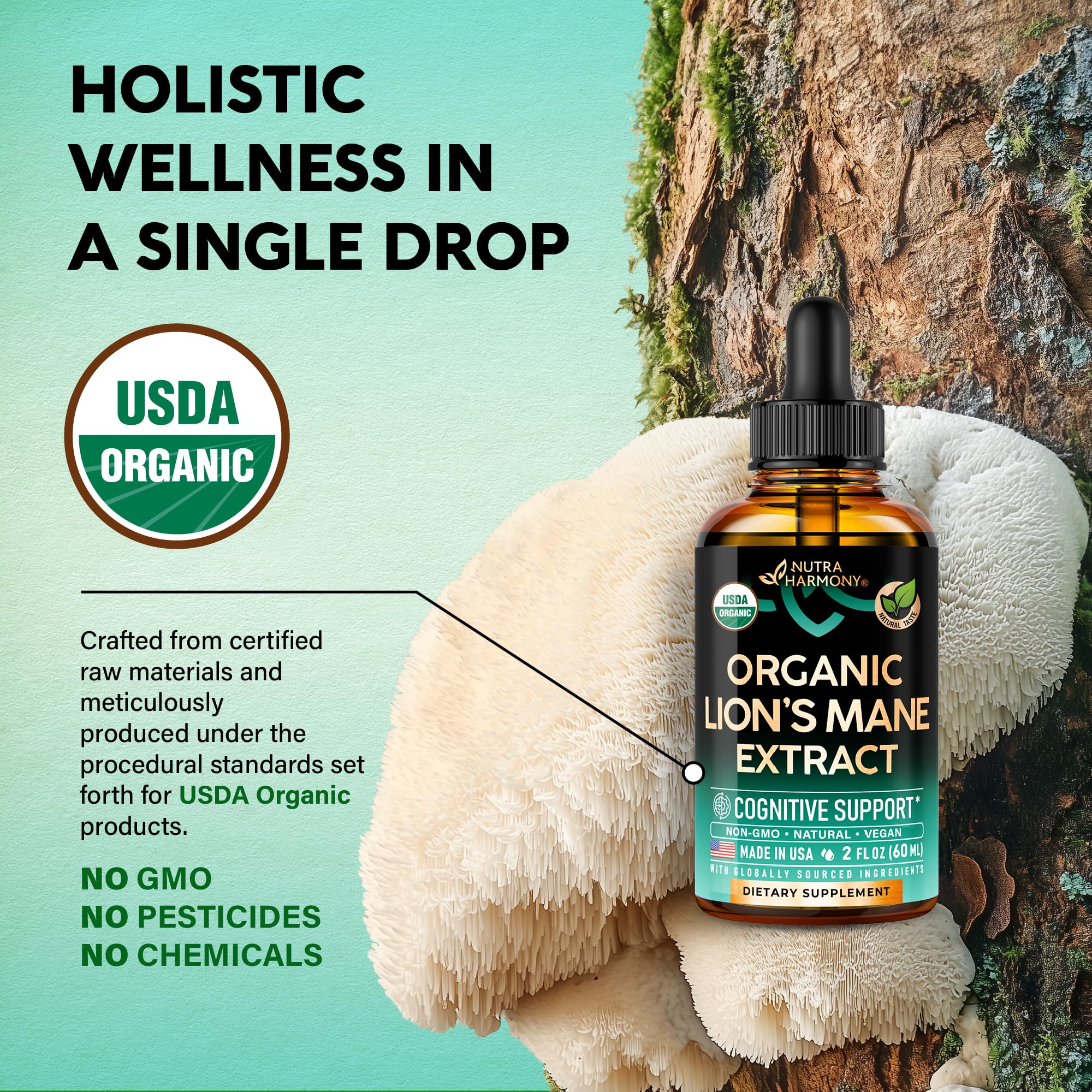 NutraHarmony Lions Mane vegan sugar-free symbol signaling clean, plant-based wellness.