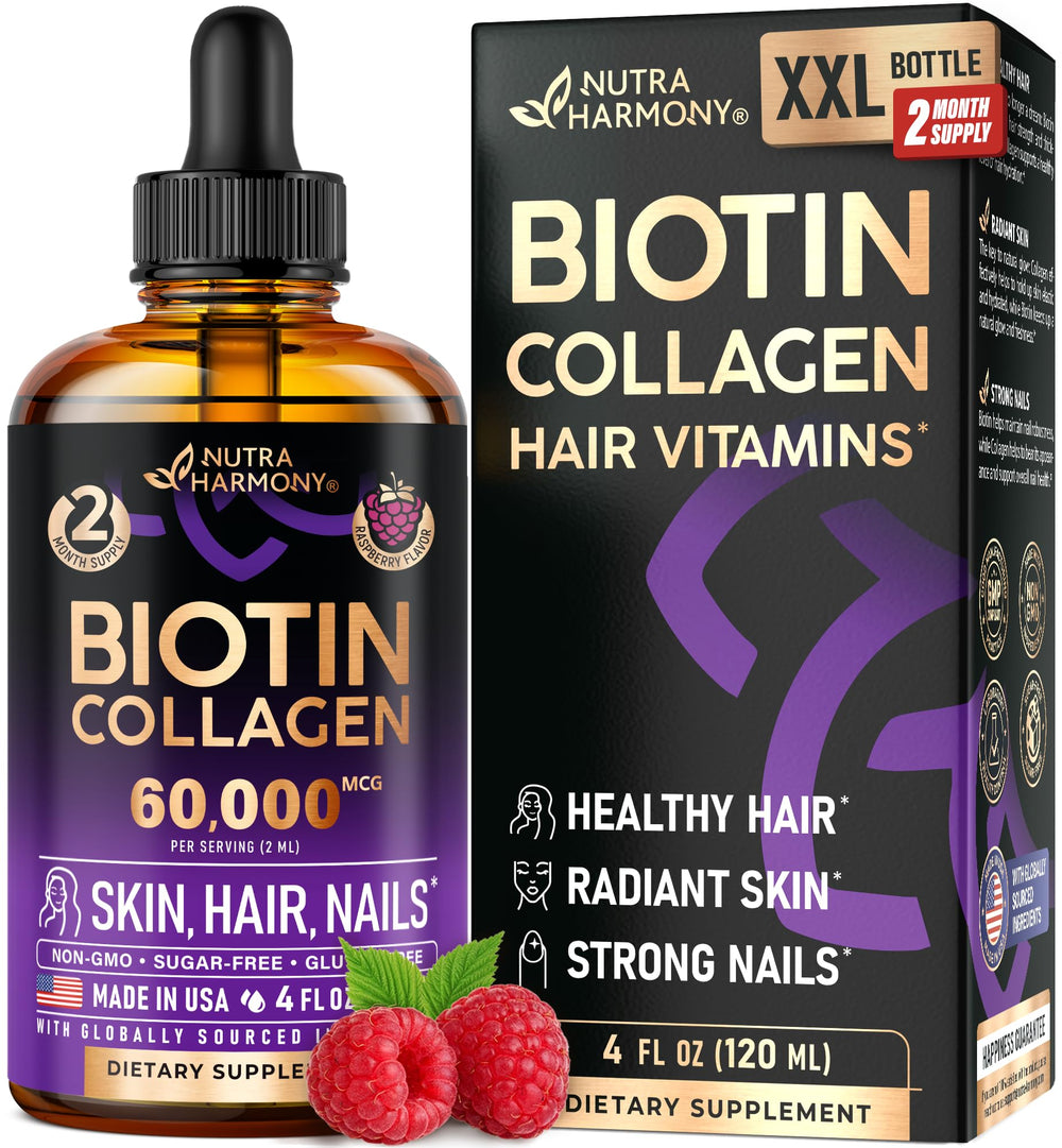 NutraHarmony liquid biotin-collagen bottle front for hair, skin, and nails support