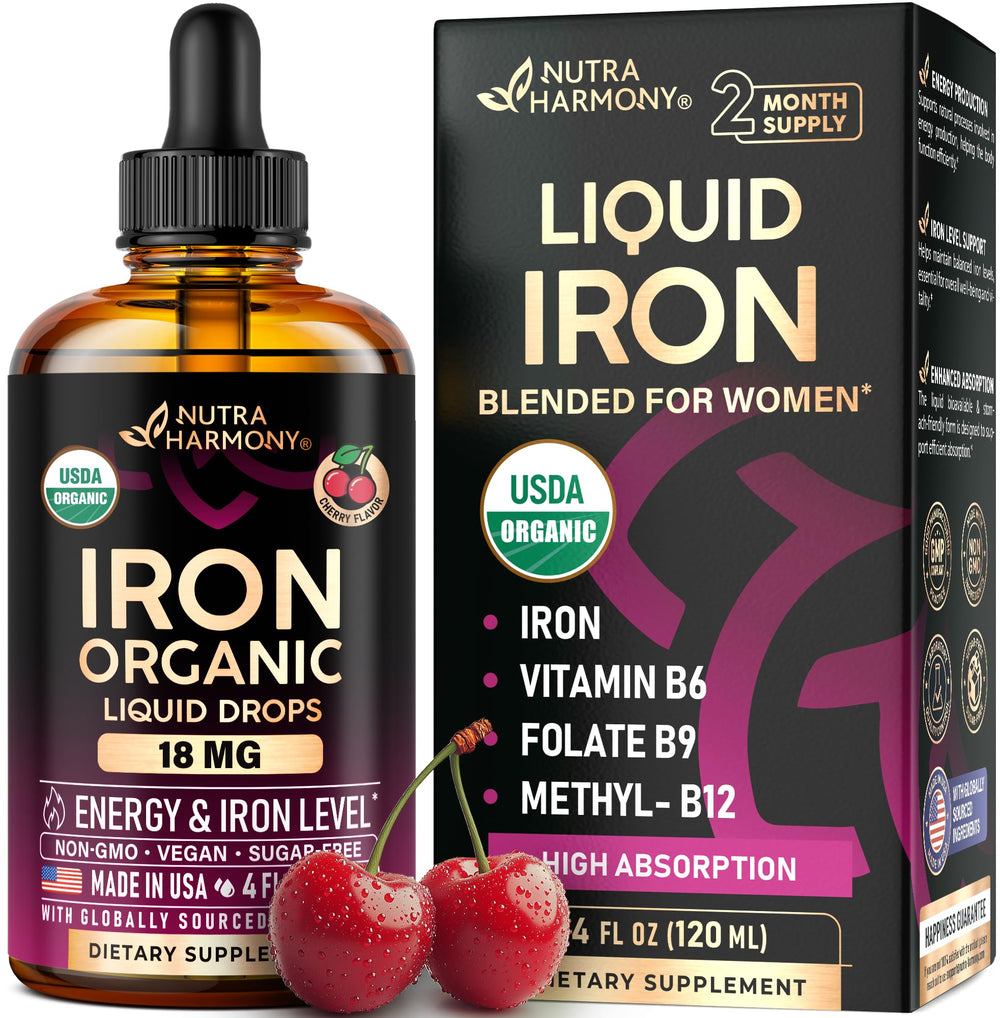 NutraHarmony liquid iron drops bottle with cherry flavor for steady energy.