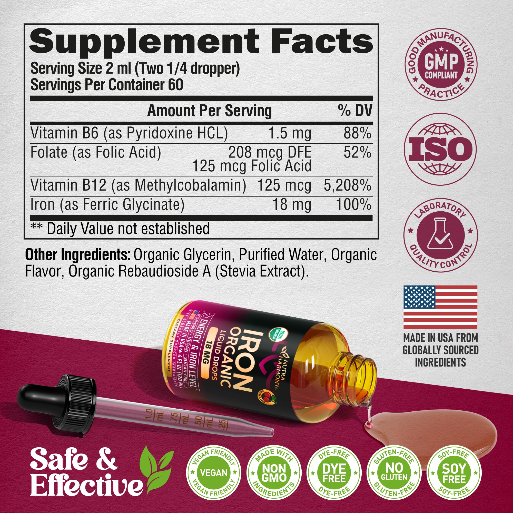 NutraHarmony iron drops poured into a glass with water for easy mixing.