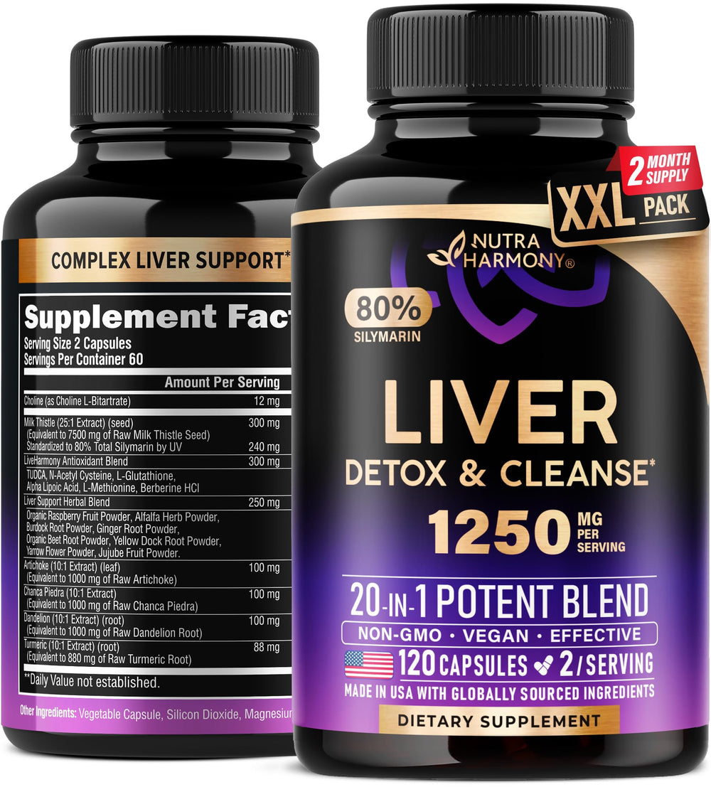 NUTRAHARMONY Liver Cleanse bottle front with 120 vegan capsules for daily detox support.