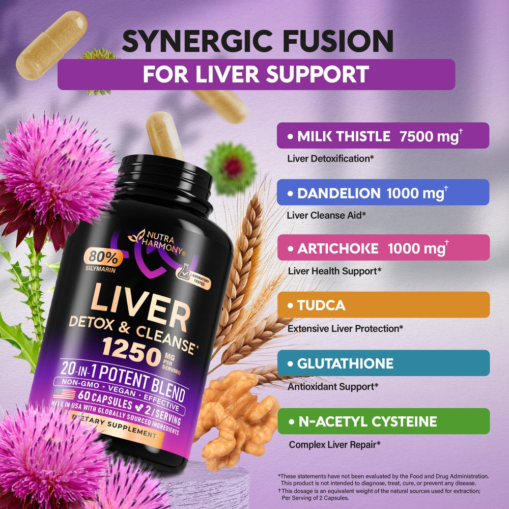 NUTRAHARMONY Liver Cleanse label detail reveals 80% organic silymarin content.