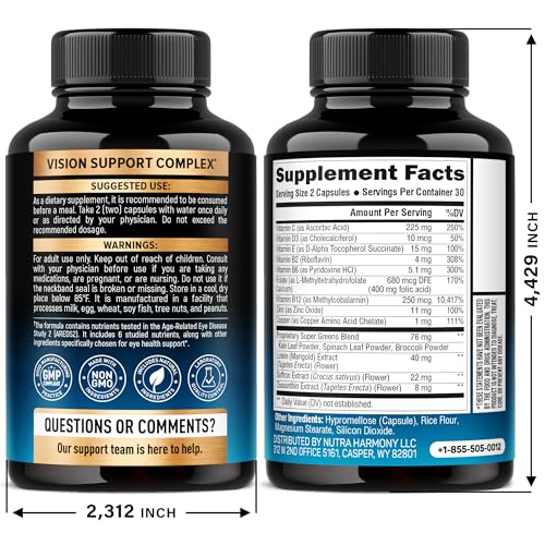 NutraHarmony lutein-zeaxanthin capsules close-up highlighting key eye nutrients.