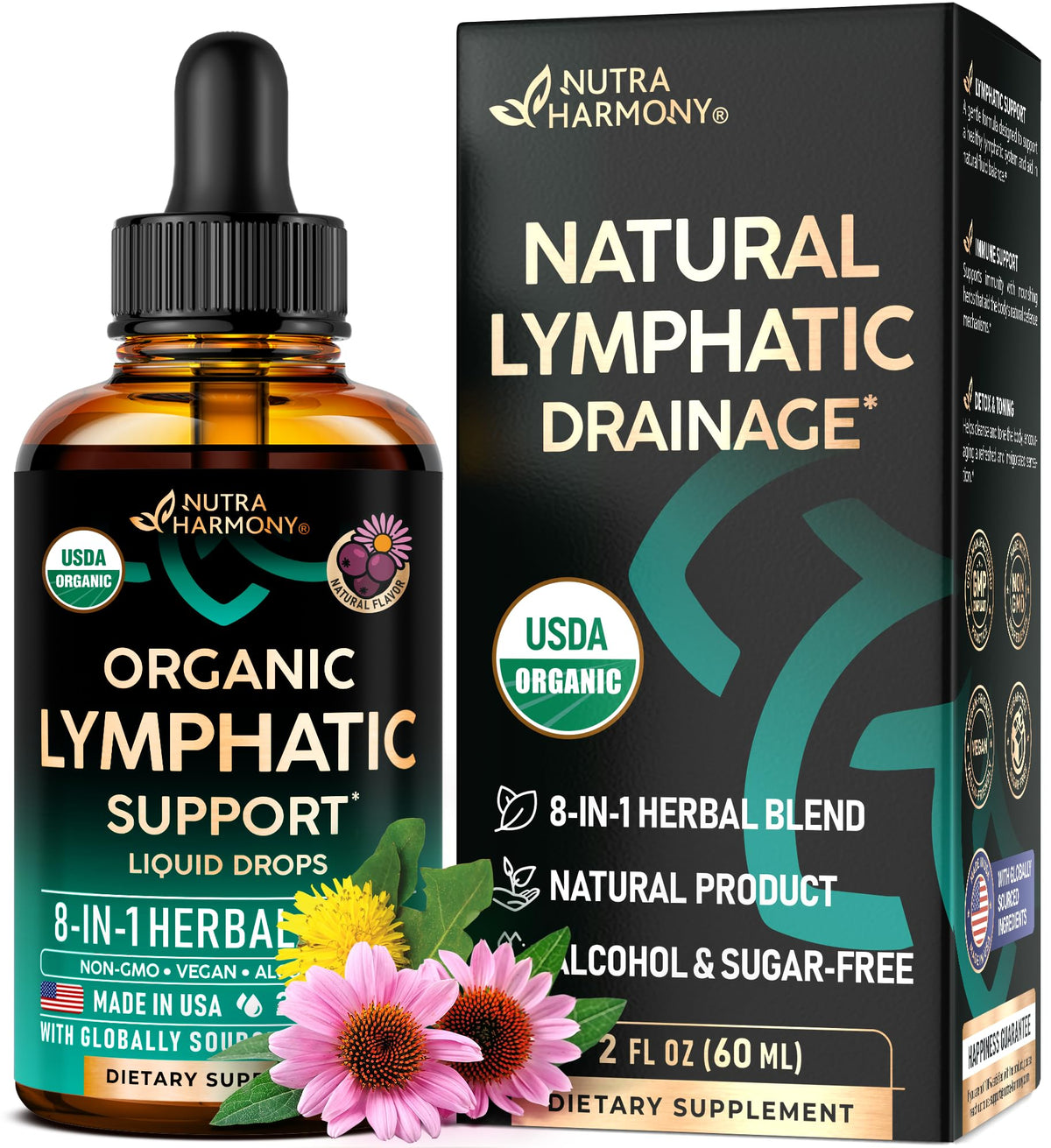 NutraHarmony Lymph Drops bottle shows organic formula for gentle detox support