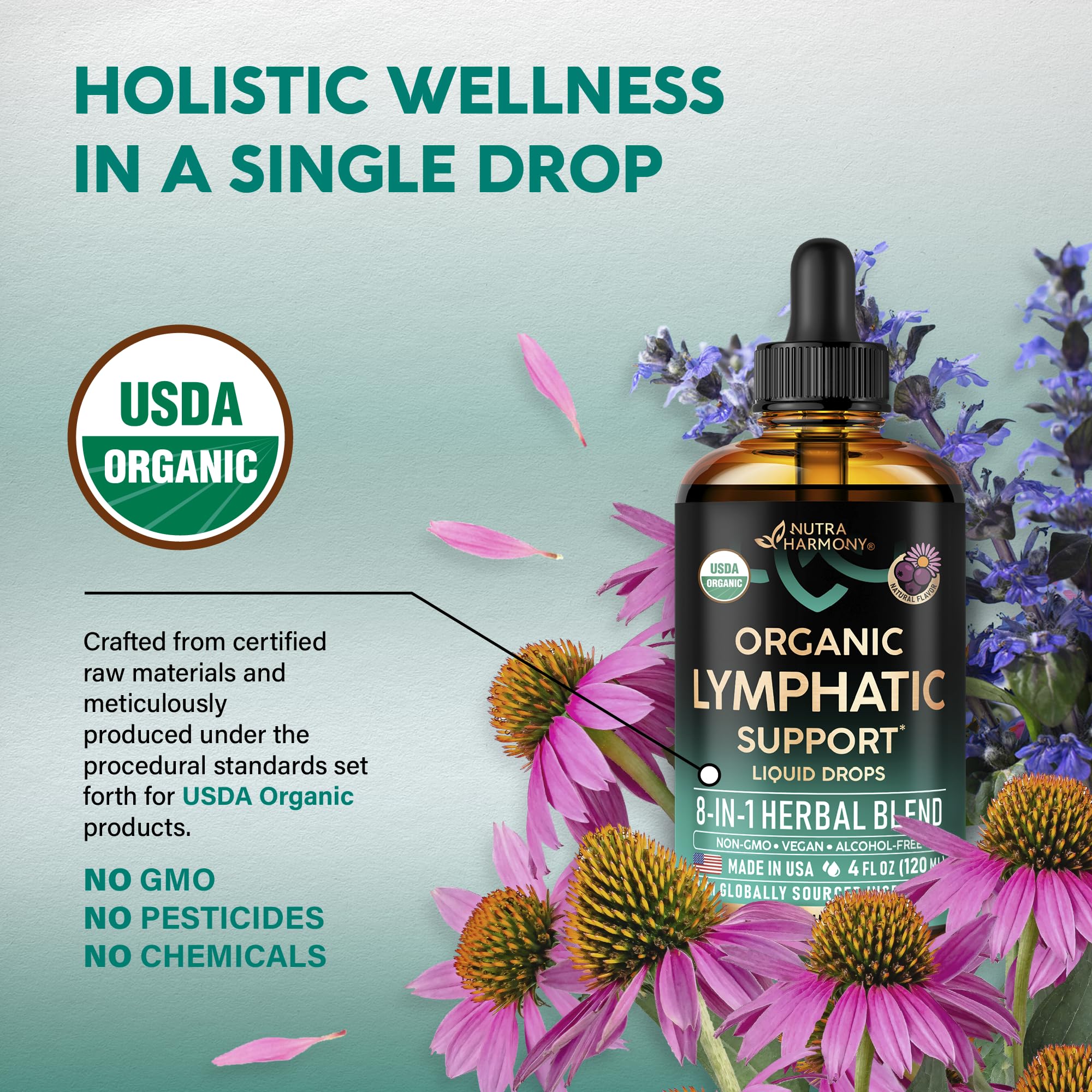 NUTRAHARMONY Lymphatic Drops herbal-blend closeup featuring Echinacea and Calendula