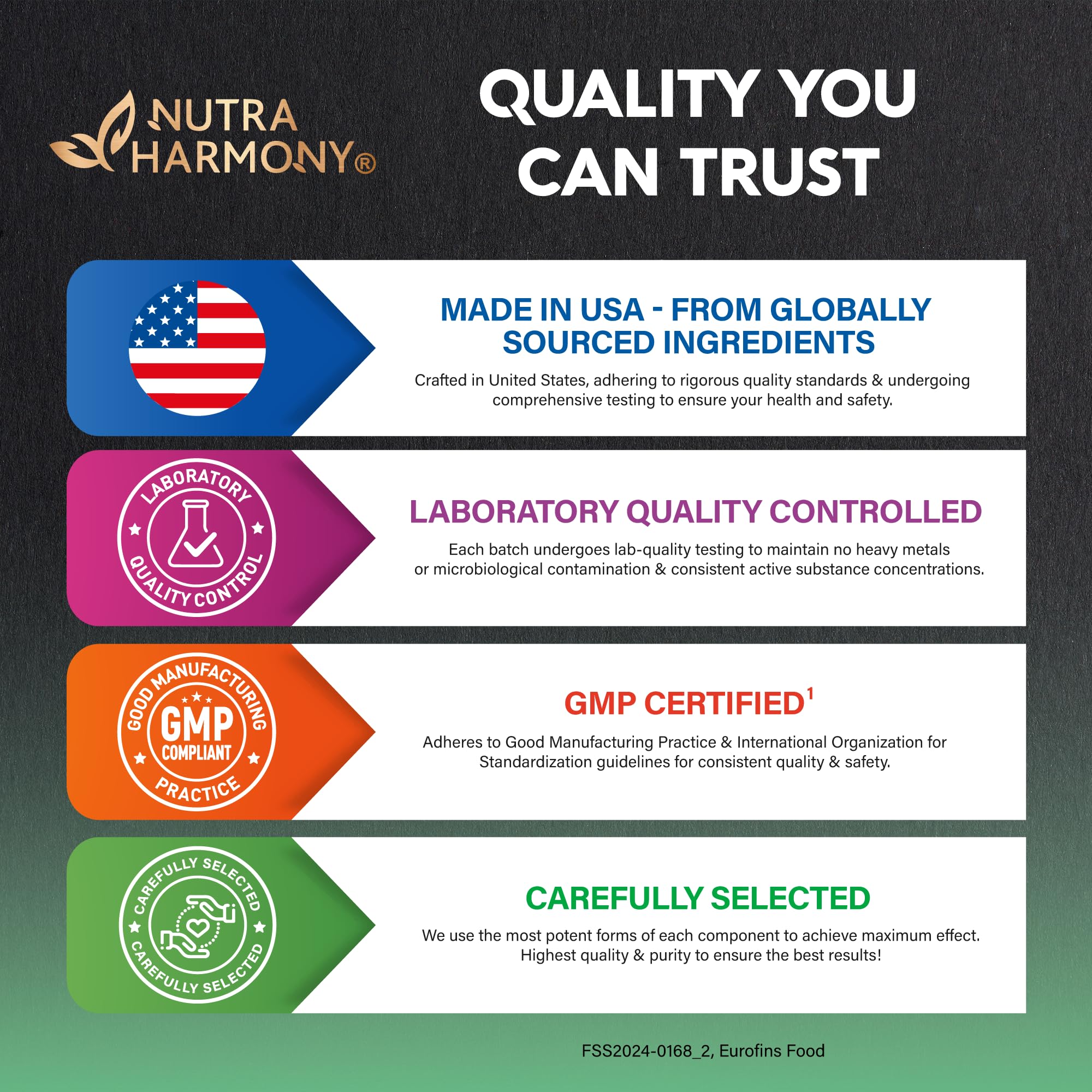 NutraHarmony Made in USA sticker underscores domestic manufacturing standards and quality control.