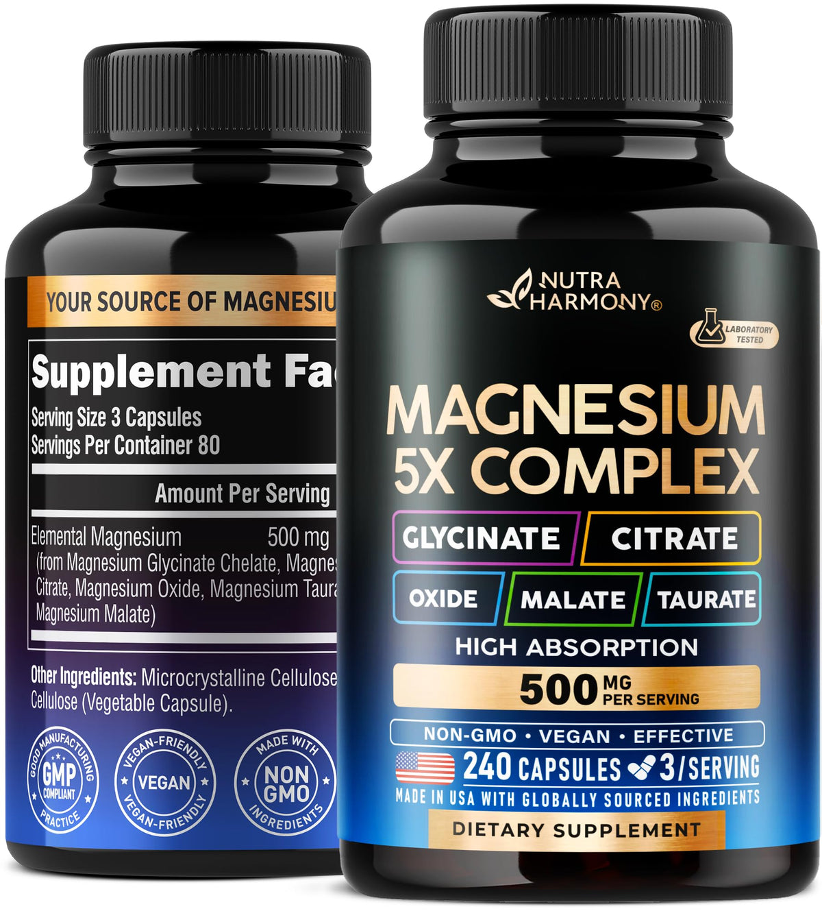 NUTRAHARMONY Magnesium 5in1 bottle supports daily wellness with a clean label.