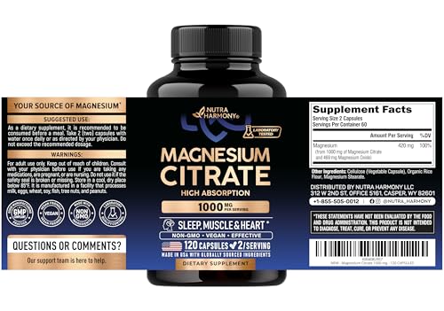 Close-up of NUTRAHARMONY Magnesium Citrate 1000mg capsules showing capsule detail.