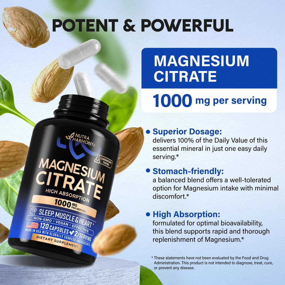Two-capsule serving of NUTRAHARMONY Magnesium Citrate illustrates daily dosage.