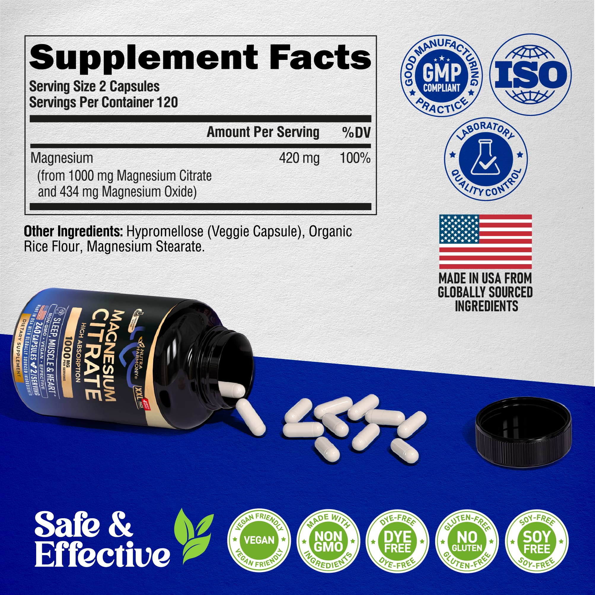NUTRAHARMONY Vegan formulation capsule image emphasizes plant-based source.