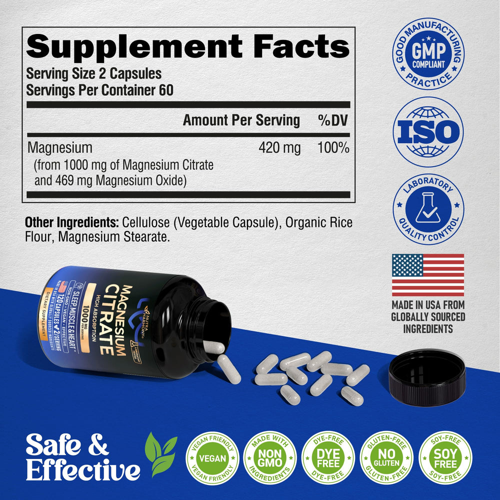 Vegan and non-GMO badge on NUTRAHARMONY Magnesium Citrate packaging.