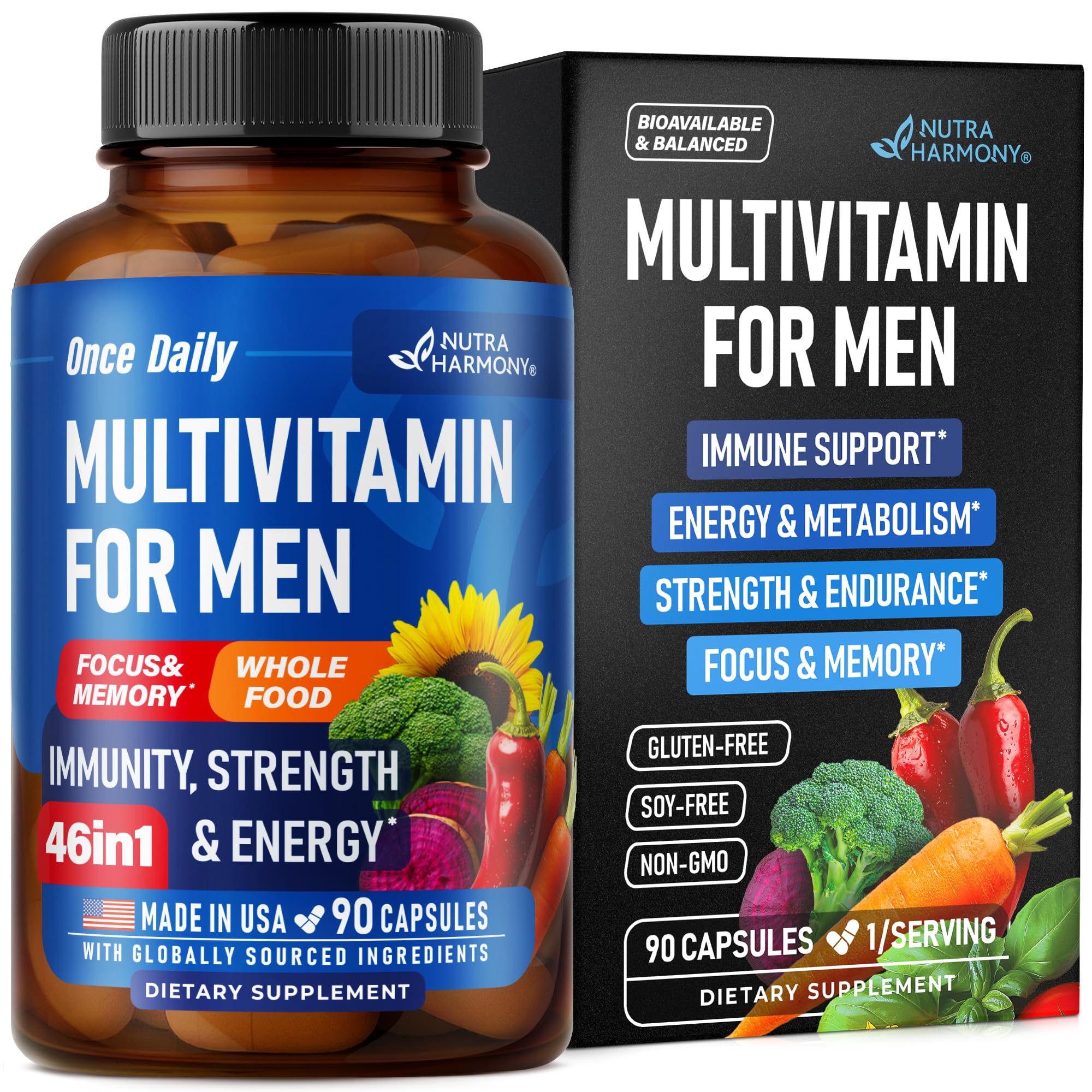 NUTRAHARMONY Men’s 46-in-1 multivitamin bottle on shelf supports daily energy