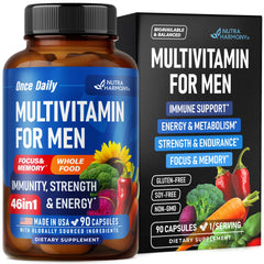 NUTRAHARMONY Men’s 46-in-1 multivitamin bottle on shelf supports daily energy