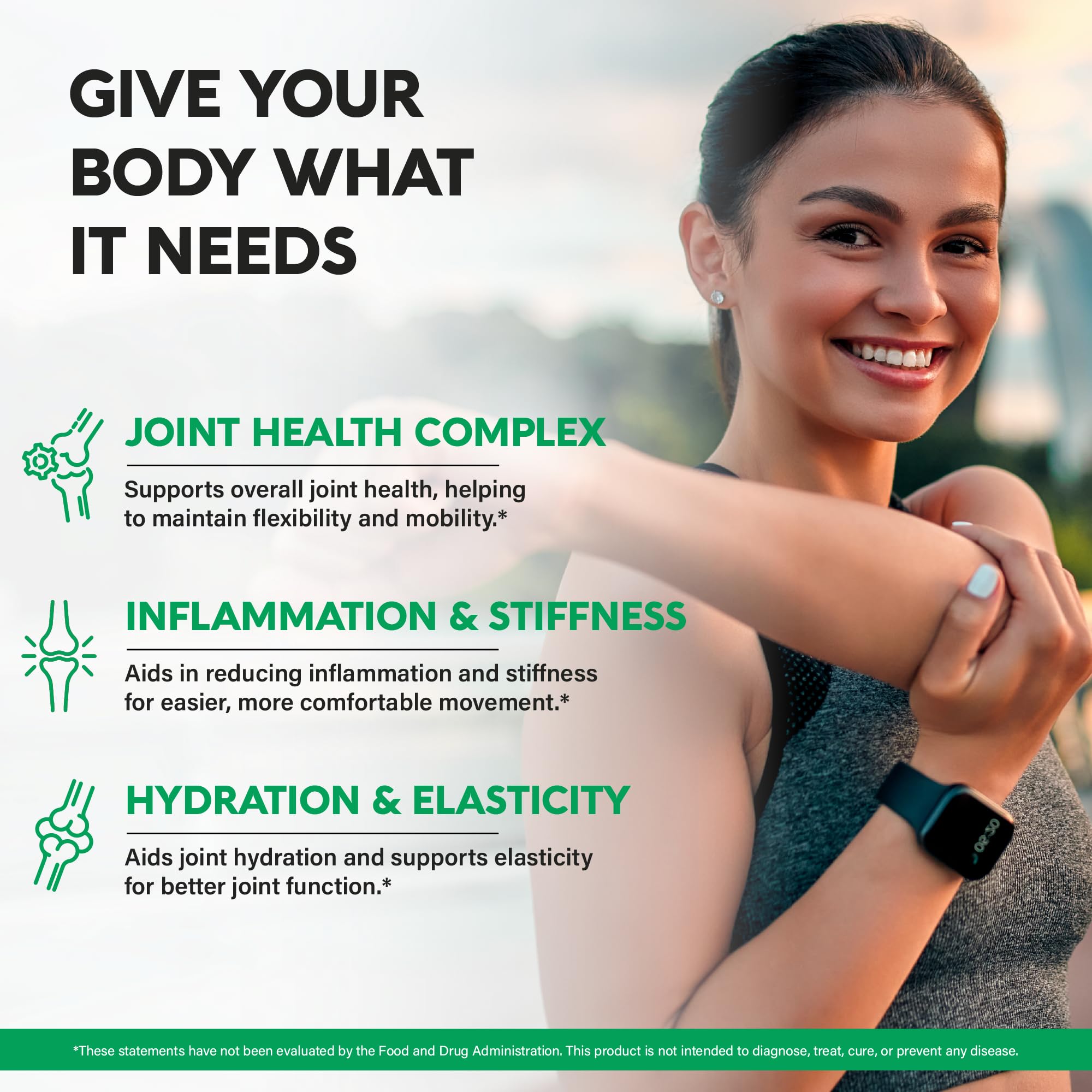 NutraHarmony MSM capsules bottle illustrates connective tissue nourishment and flexible joints.