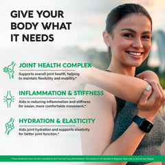 NutraHarmony MSM capsules bottle illustrates connective tissue nourishment and flexible joints.