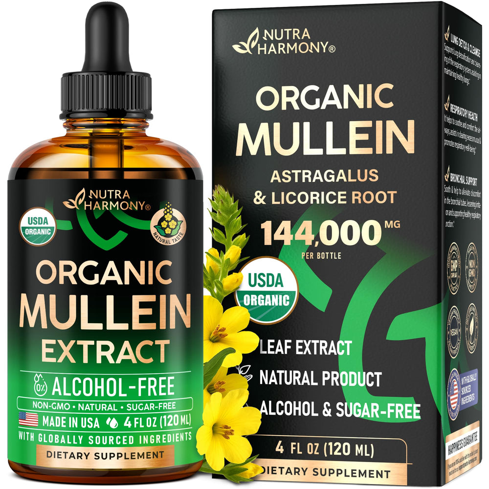 NutraHarmony Mullein Drops bottle shows natural lung support and purity.