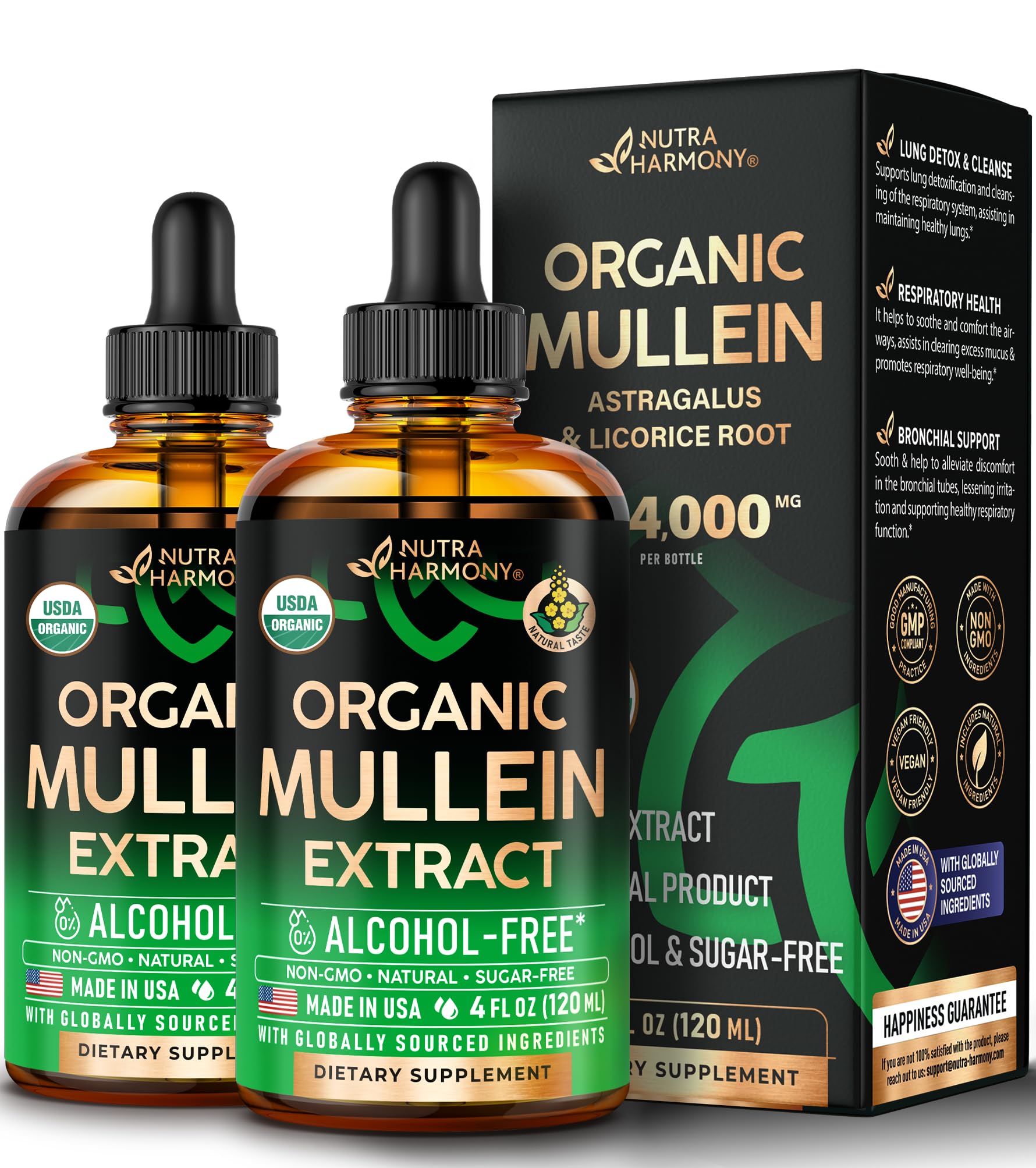NUTRAHARMONY Mullein Drops bottle highlights natural lung support