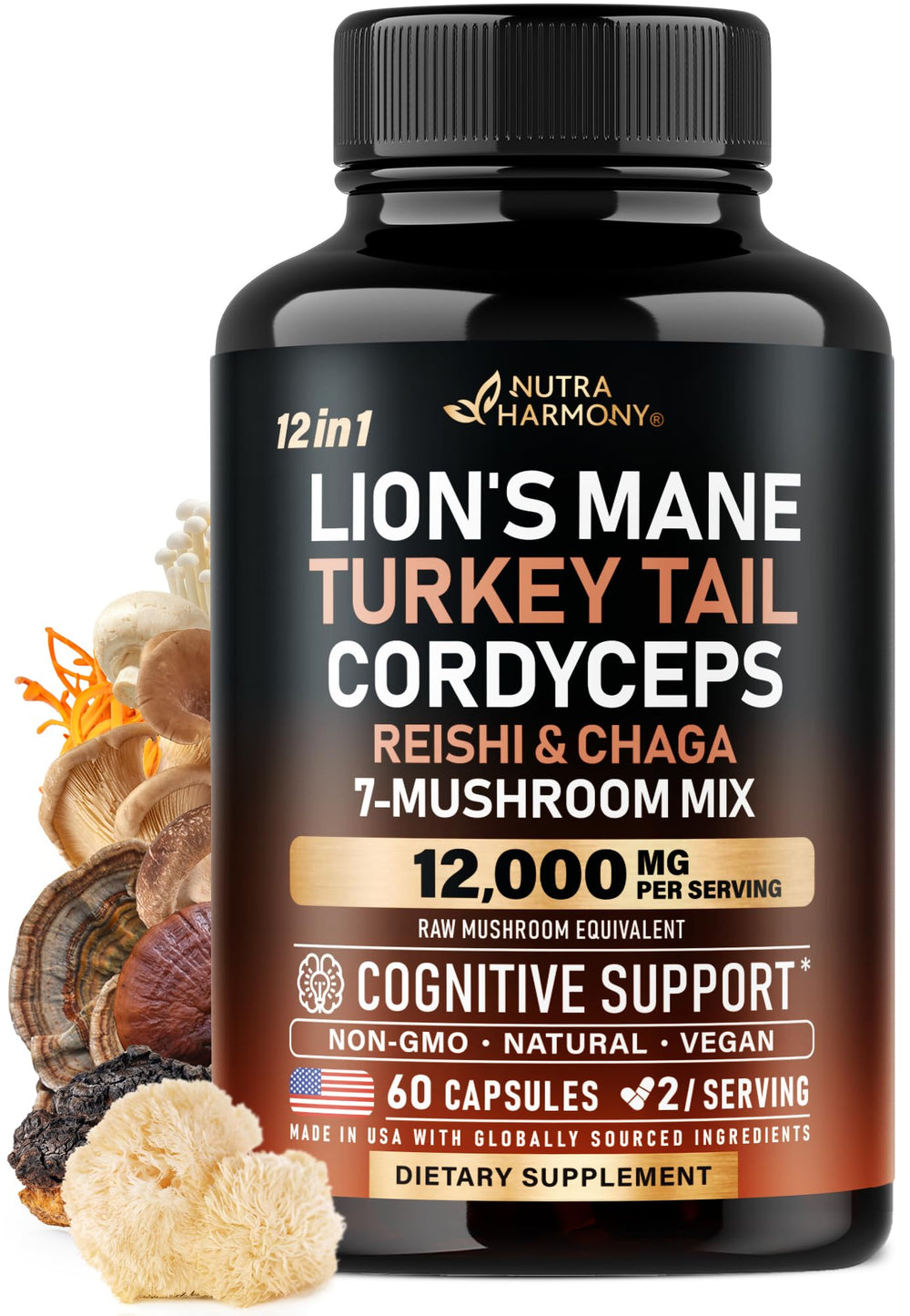 NutraHarmony Mushroom Complex bottle front for daily focus and immune support