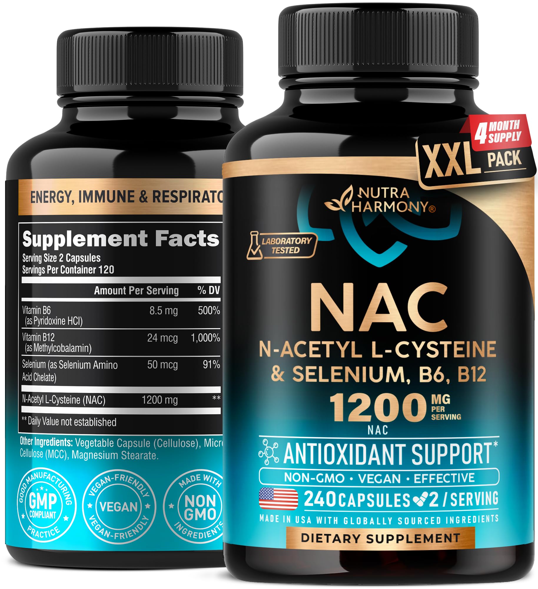 NutraHarmony NAC supplement bottle highlights antioxidant support for daily wellness.