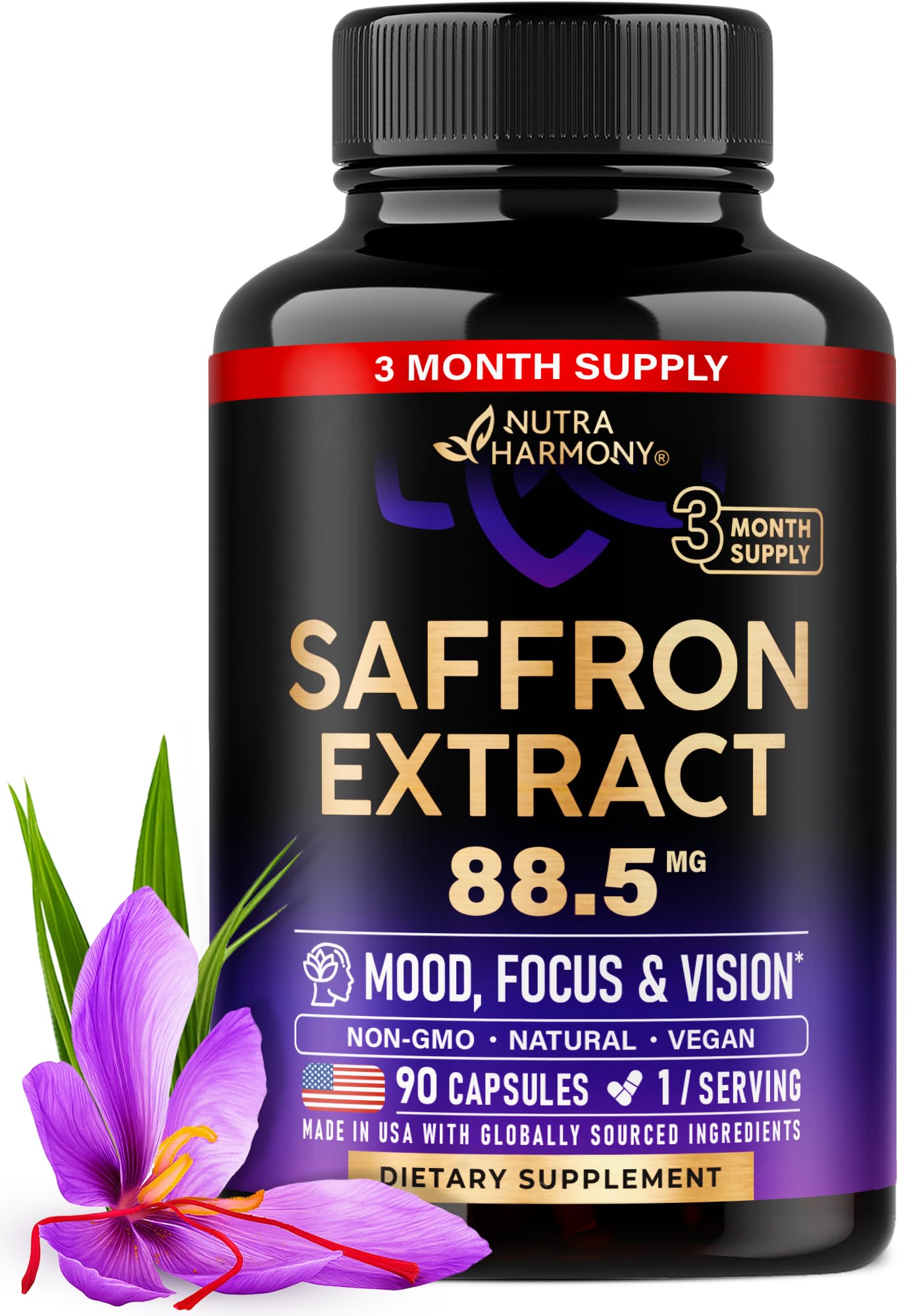 NUTRAHARMONY saffron bottle on display highlights mood and focus support.