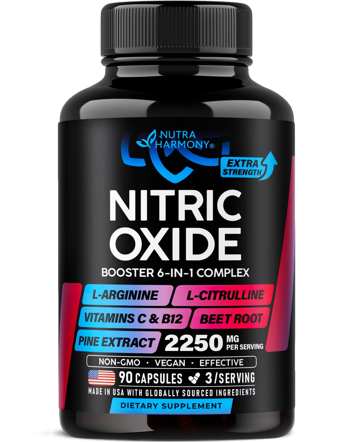 NUTRAHARMONY Nitric Oxide Booster bottle for workout readiness and focus.