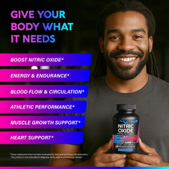 NUTRAHARMONY Nitric Oxide Booster label close-up highlighting ingredients.