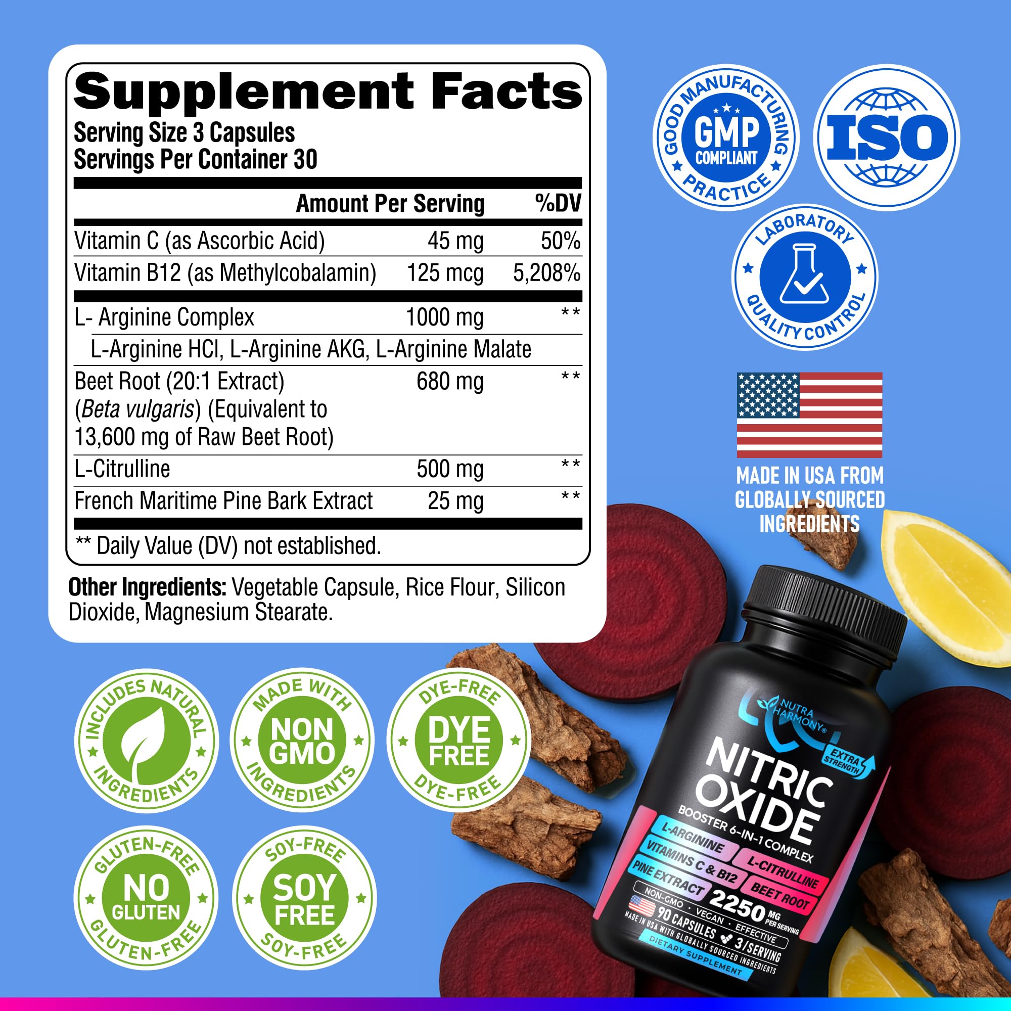 NUTRAHARMONY Vitamin C and B12 illustration on bottle label.