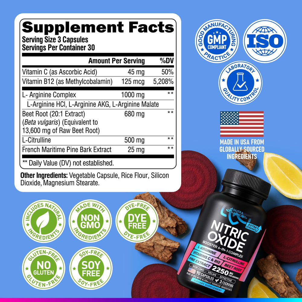NUTRAHARMONY Vitamin C and B12 illustration on bottle label.