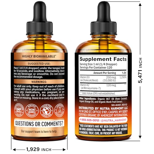 NUTRAHARMONY vitamin d3-k2 drops in orange glass support daily immune and bone health.