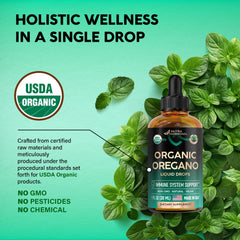 NutraHarmony oregano oil drops amber bottle highlighting antioxidant benefits.