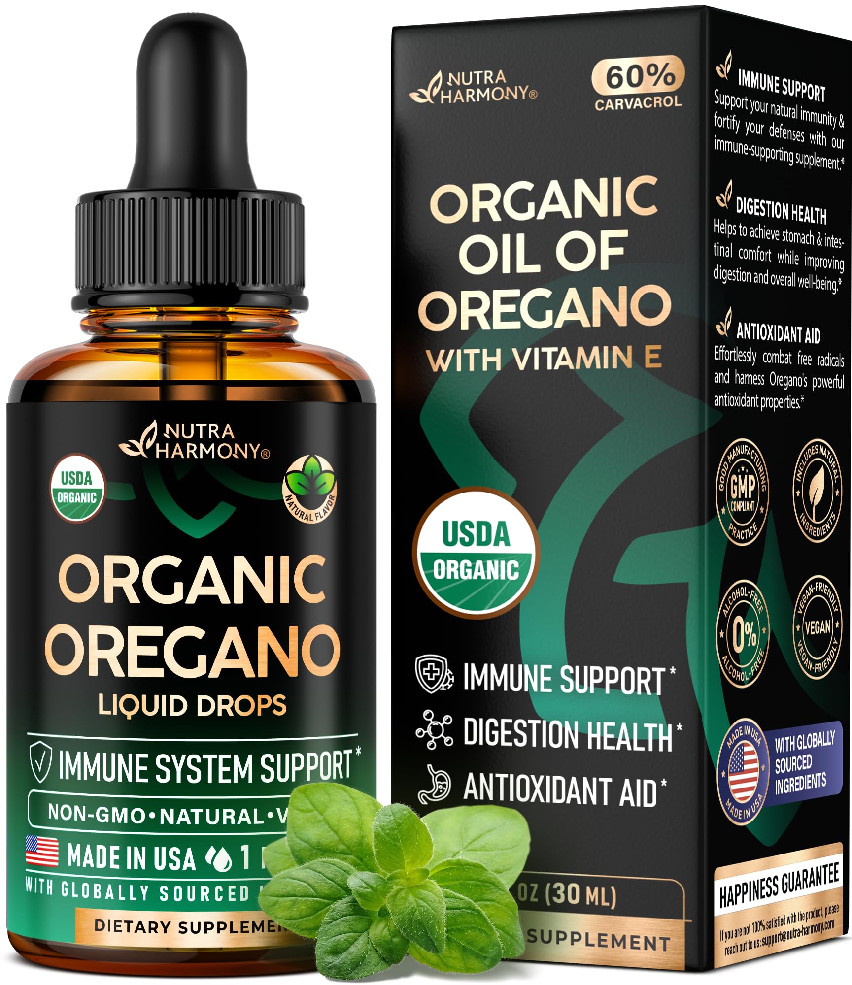 NutraHarmony oregano oil drops bottle close-up highlighting immune support and digestion.