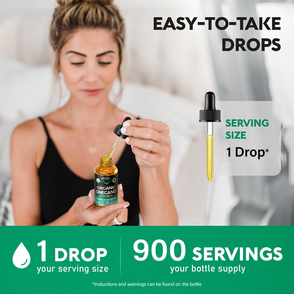 NutraHarmony oregano oil drops packaging showing dosage cues on counter.