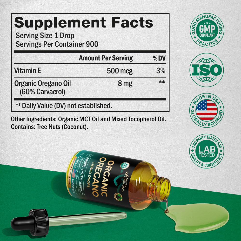 NutraHarmony oregano oil drops label notes vegan and non-GMO attributes.