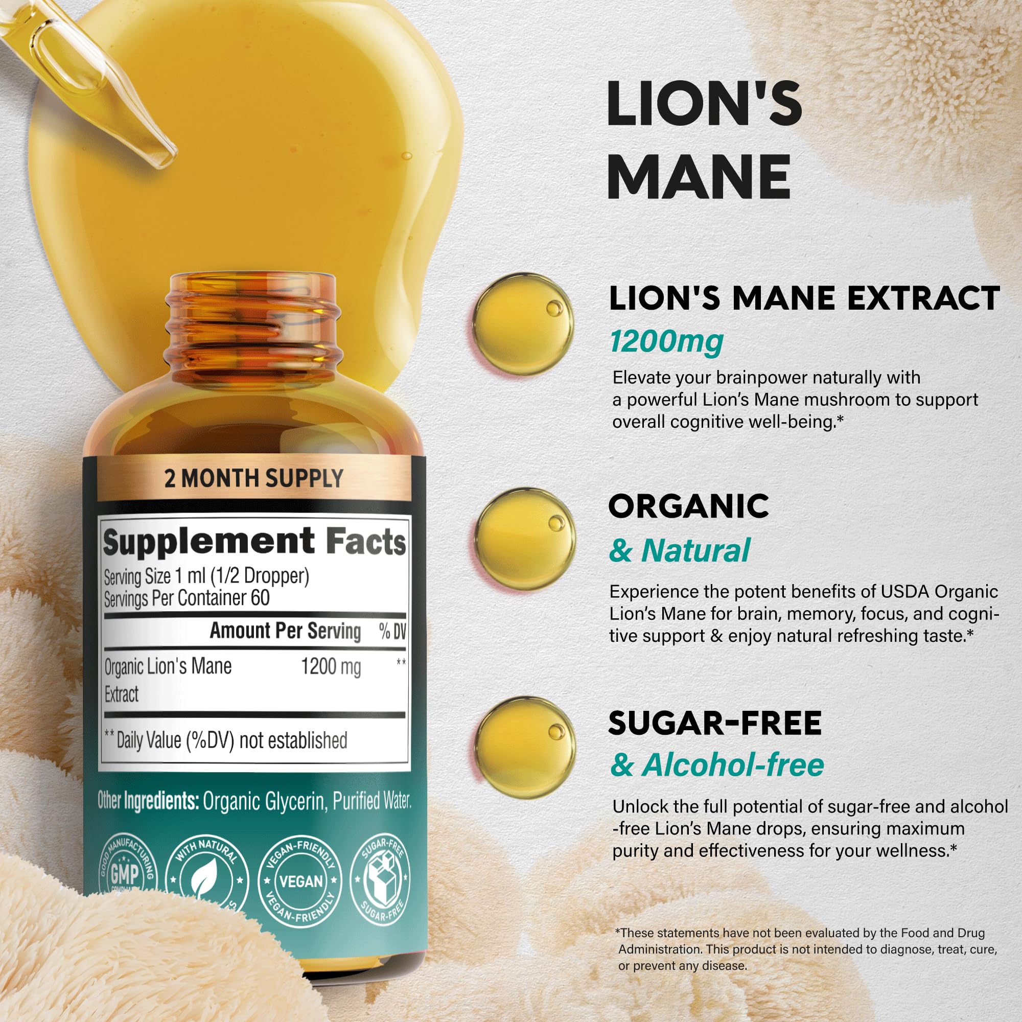 NutraHarmony Organic Lions Mane extract label emphasizes premium quality.