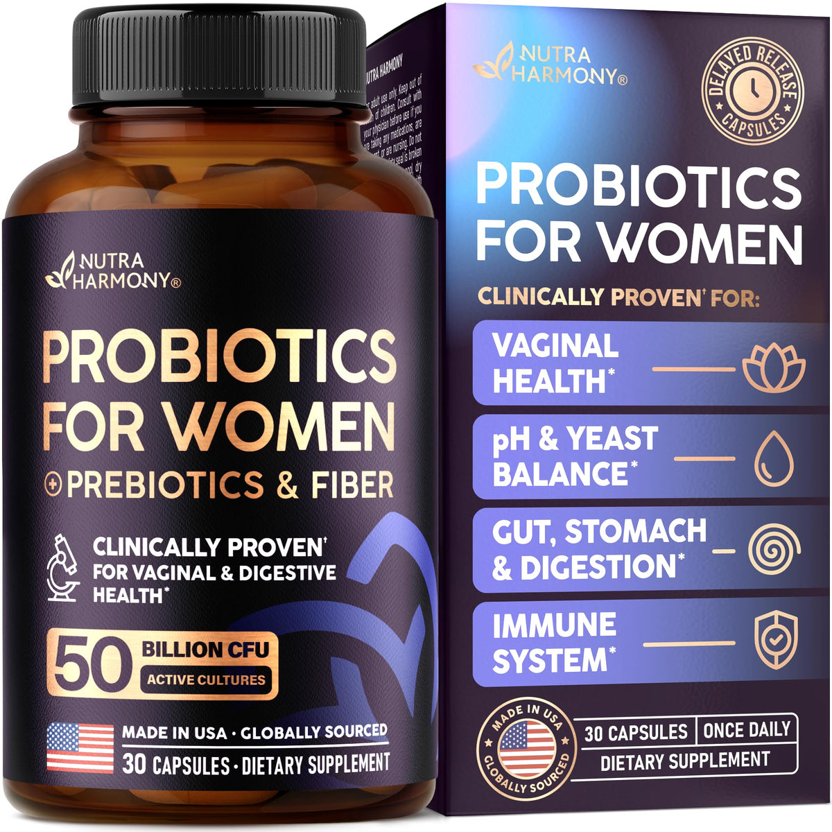NUTRAHARMONY Probiotics for Women bottle with capsules, highlighting 50B CFU potency for daily balance