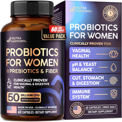 NutraHarmony Probiotics for Women bottle front showing 50B CFU for gut and vaginal balance