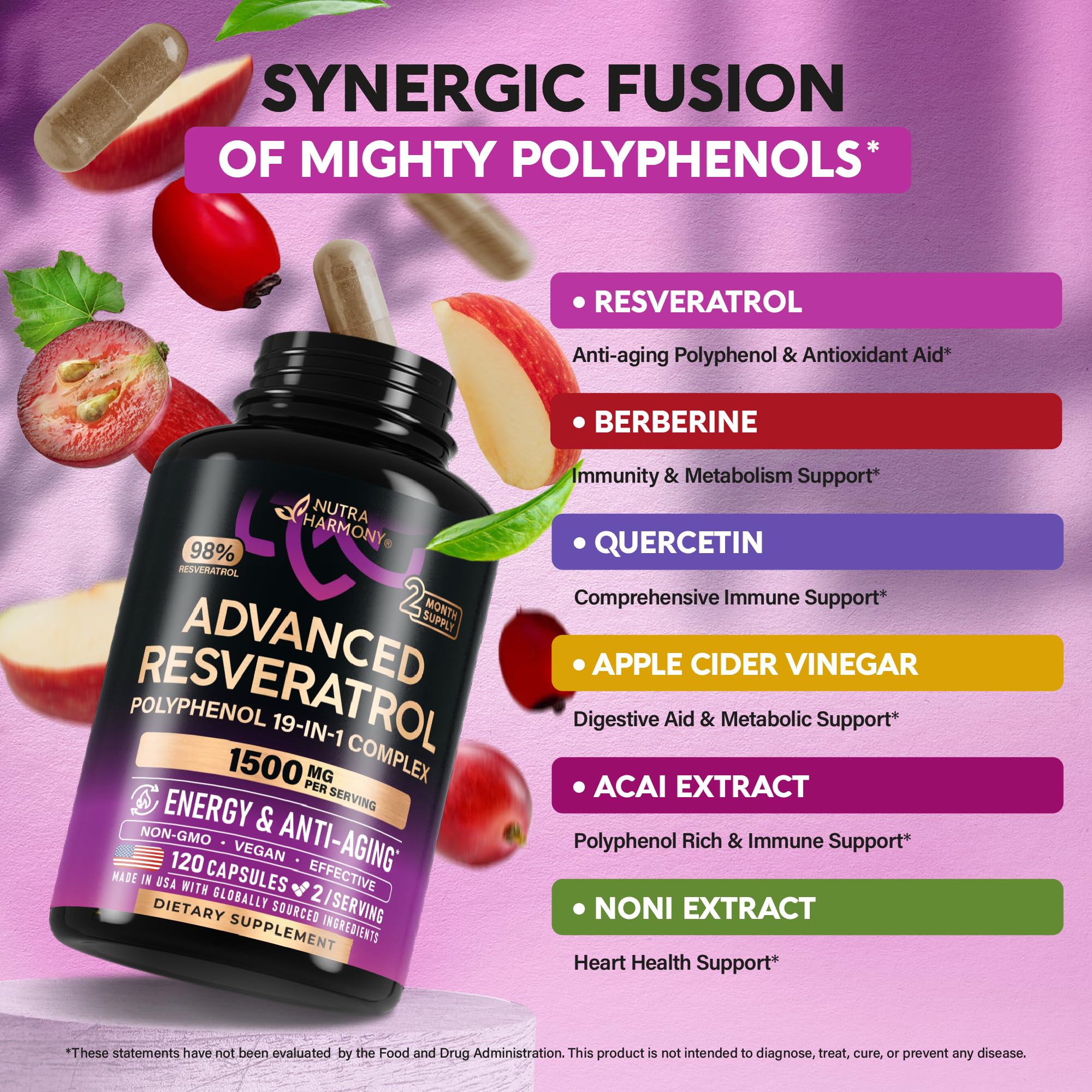 NutraHarmony capsules shown with noni and acai visuals for vibrant antioxidant benefits.