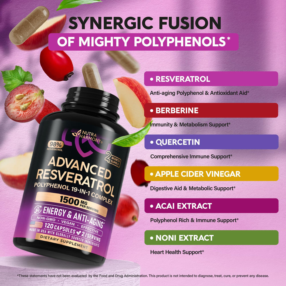 NutraHarmony capsules shown with noni and acai visuals for vibrant antioxidant benefits.