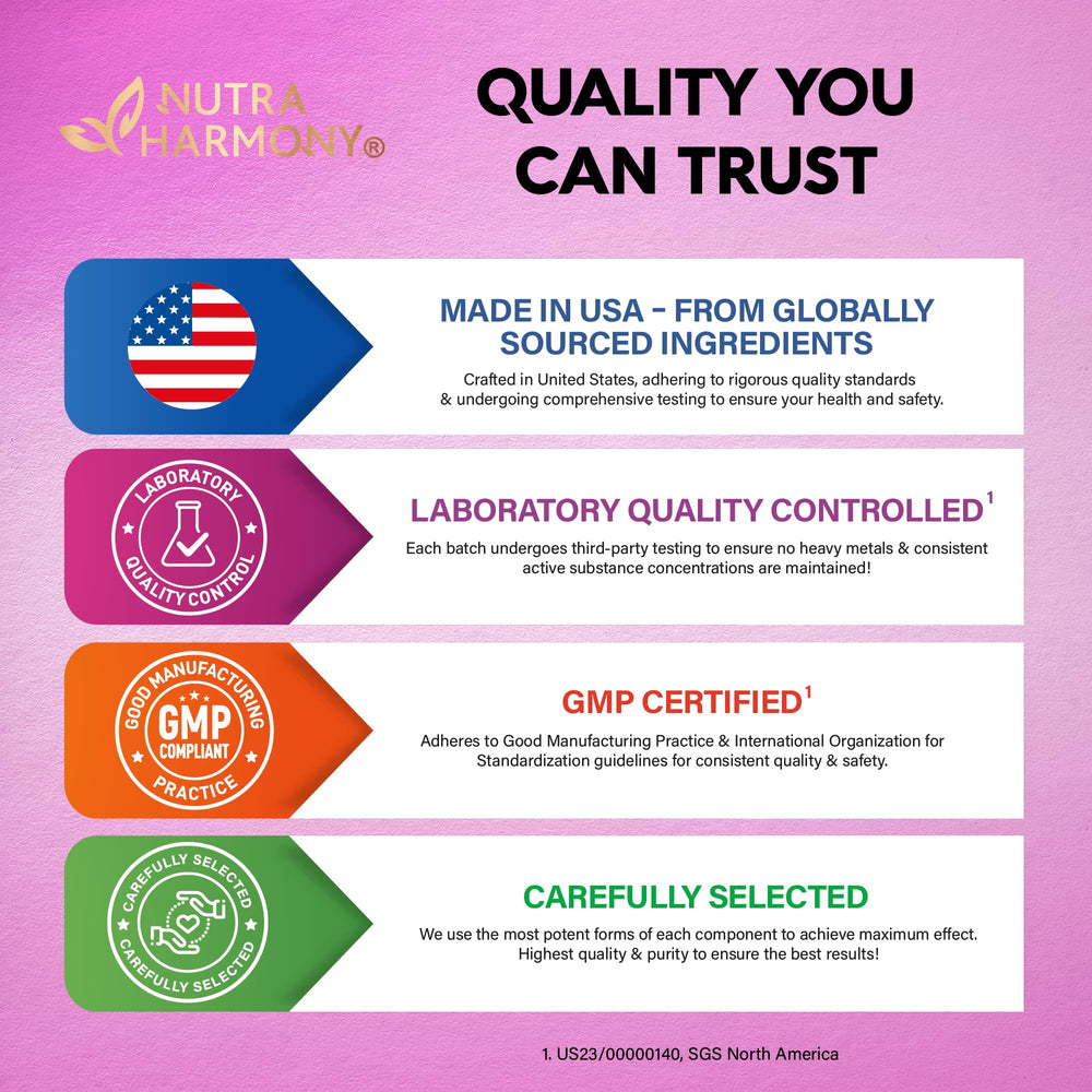 NutraHarmony packaging shown beside a glass of water for everyday use.