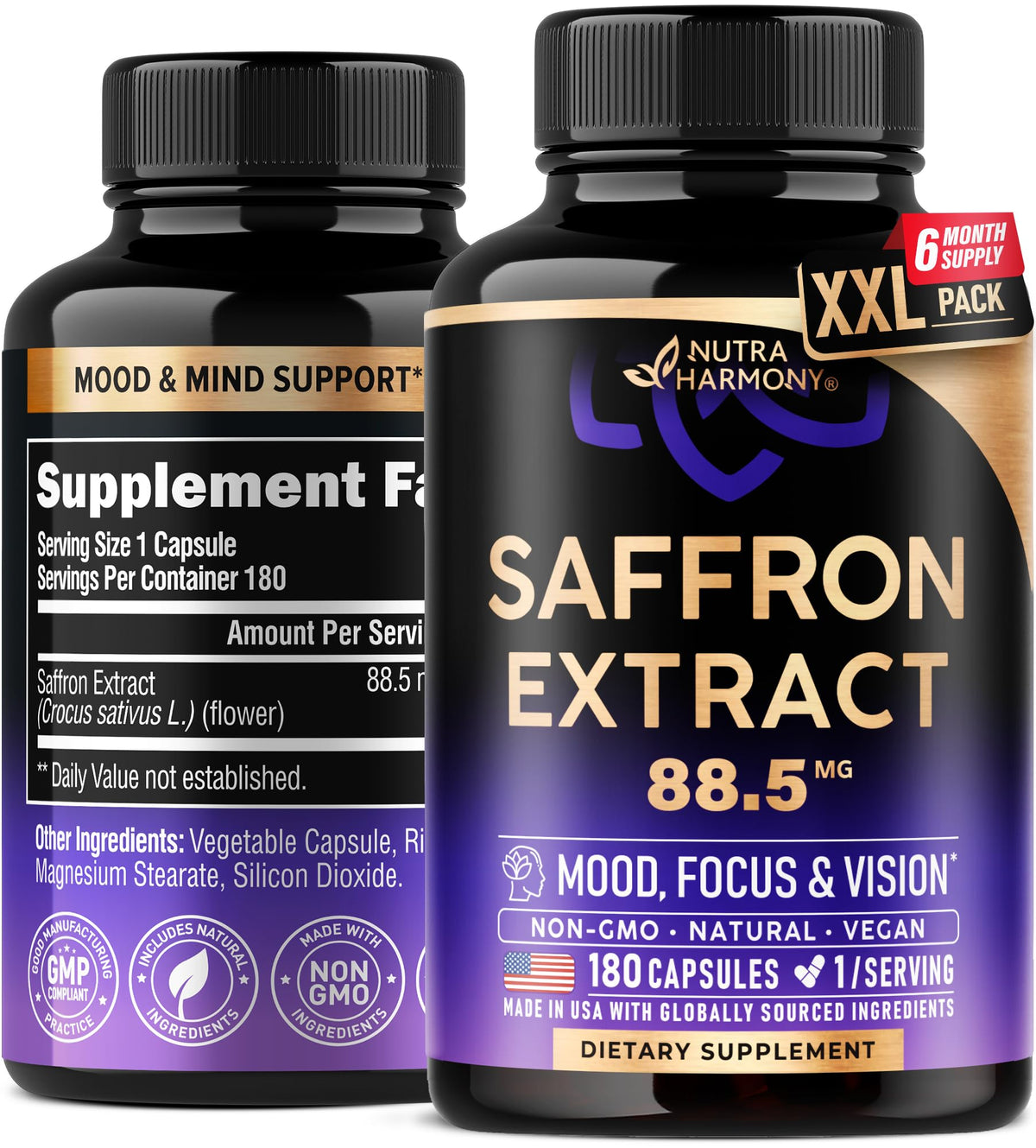 NUTRAHARMONY saffron capsules bottle closeup for mood and focus support